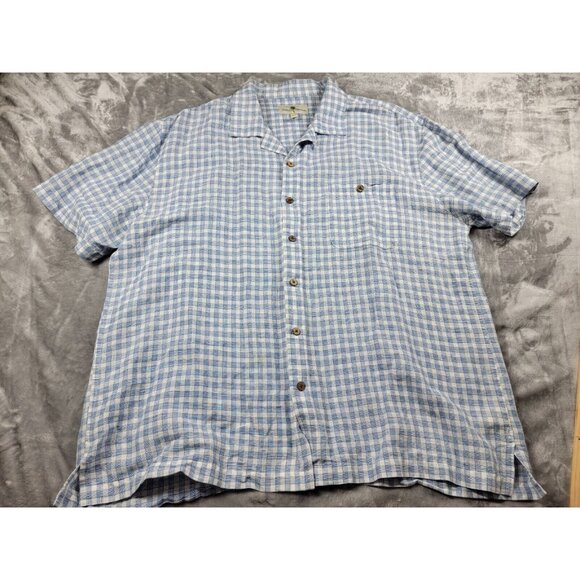 Island Shores Camp Shirt Men's 2XL Blue plaid Linen Blend Short Sleeve Button Up - Picture 1 of 6